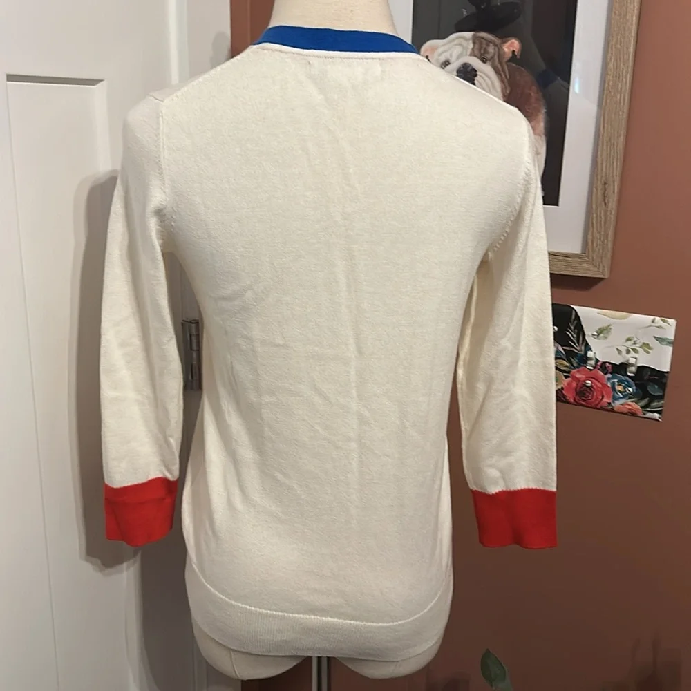 Boden winter white red blue 3/4 sleeves cotton wool fitted deep vneck 2 sweater - Picture 9 of 15